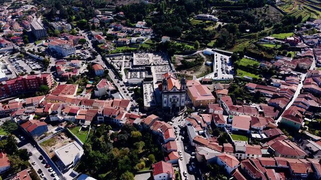 aerial view of Igreja Matriz de Valongo Portugal framed by clustered homes