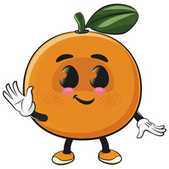 cute orange mascot character wave hand, happy mandarin fruit cartoon vector illustration, work of hand drawn