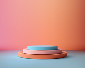 Minimal 3D Product Display Podium with Pastel Blue, Pink, and Coral Tiers on Warm Gradient Background for Cosmetics and Modern Concept Mockups