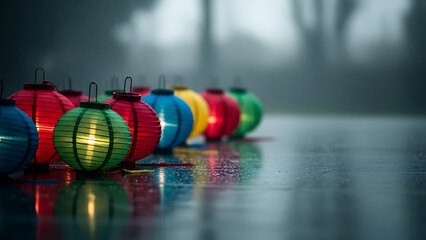 Colorful paper lanterns glow brightly on wet ground during rain