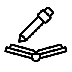Line style icon of a pencil placed above an open book, symbolizing writing and creative study.