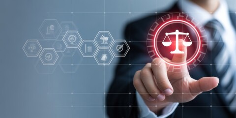 Navigating Legal Tech: A close-up shot of a person's hand pressing a digital icon representing the scales of justice, suggesting the convergence of law and technology in the modern world.