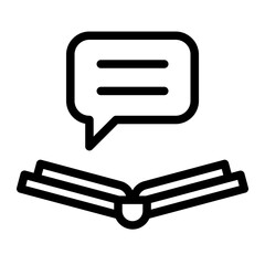 Line style icon of a chat bubble above an open book, representing communication and language learning.
