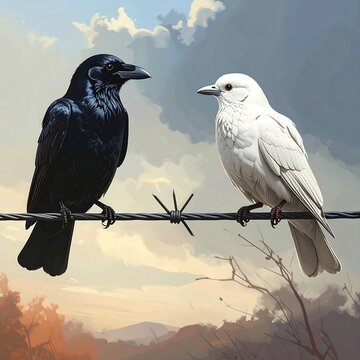 Digital painting of two birds, a black crow and a white dove, perched on barbed wire. Dramatic sky backdrop