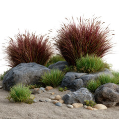 Realistic miniature landscape scene with rocks grass and red foliage lush ground cover