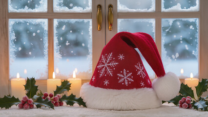 Close-up of a plush velvet Santa hat with embroidered snowflakes, positioned against a snowy window scene with glowing candles, conveying holiday cheer.