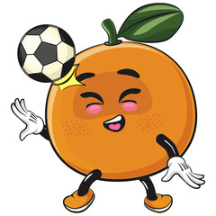 cute orange mascot character heading a soccer or football, happy mandarin fruit cartoon vector illustration, work of hand drawn