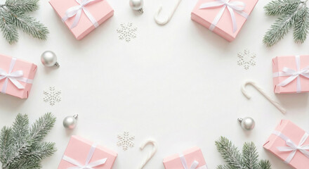 Minimalist Pink Gift Boxes and Candy Canes Flat Lay on White Background - Elegant Christmas Holiday Frame