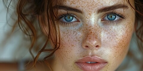 Close-up portrait of a woman featuring prominent freckles, highlighting natural skin texture and unique beauty. Focus on individual detail and authentic appearance.