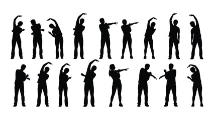 A series of figures performing stretching exercises in a black silhouette