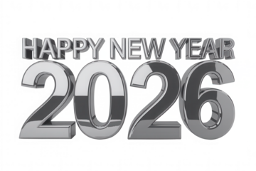 Happy new year 2026 chrome text on black background celebration
