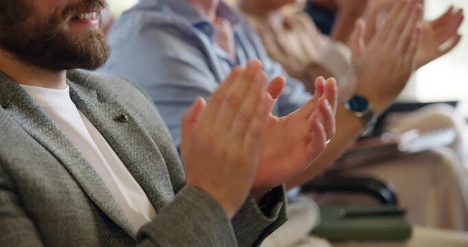 Applause, audience and hands with business person in conference room for seminar or workshop. Crowd, development and support with employee people clapping in auditorium for presentation success