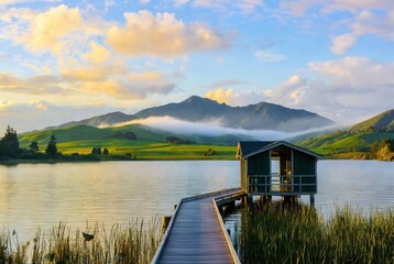 Sunlit lakeside view in Rotorua, New Zealand, with wooden pier, small boathouse, calm water, rolling green hills and misty mountains under a glowing sunrise sky