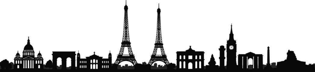 Obraz premium World Landmarks Silhouette, Global Architecture Icons, Paris Rome Moscow Athens Monuments, Travel and Cultural Heritage Vector Illustration for Tourism and Education