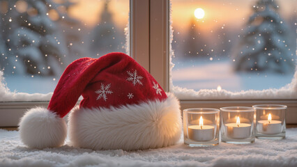 Close-up of a plush velvet Santa hat with embroidered snowflakes, positioned against a snowy window scene with glowing candles, conveying holiday cheer.