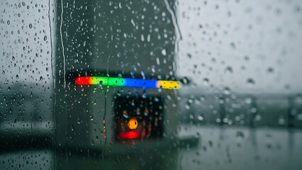 Raindrops on window obscure colorful light bar outside on dreary day