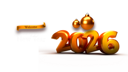 Golden 3d numbers 2026 illuminated with festive christmas ornaments and a happy new year banner on a dark background celebrating the upcoming year