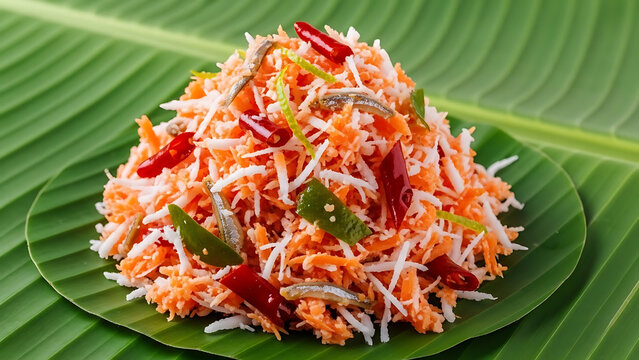 Vibrant and Textured Fresh Coconut Pol Sambol Relish on a Solid Banana Leaf Green Background