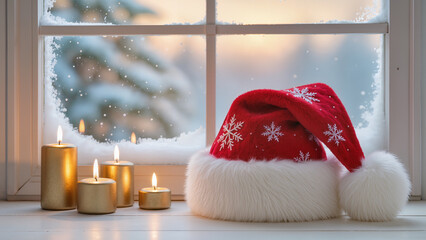 Close-up of a plush velvet Santa hat with embroidered snowflakes, positioned against a snowy window scene with glowing candles, conveying holiday cheer.