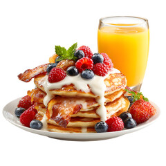 Delicious Pancakes with Berries, Cream, Bacon, Turkey, and Orange for Brunch