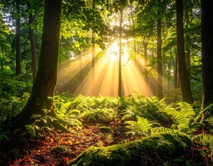 Sunlight streams through trees in a lush, verdant forest