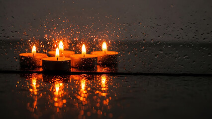 Warm candlelight glows softly through a rain streaked window pane at night