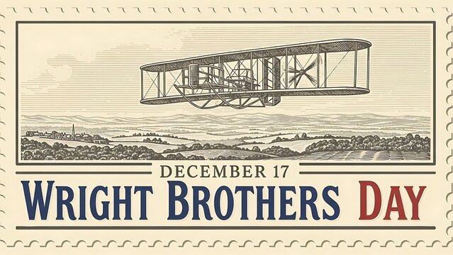 Wright Brothers Day Commemorative Stamp Featuring the Historic First Flight of the Wright Flyer on December 17.