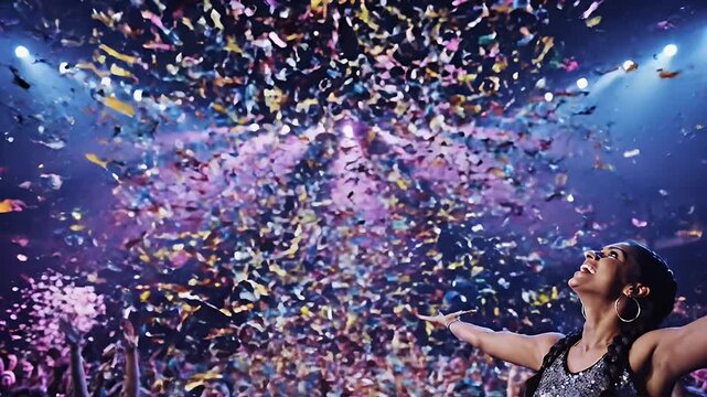 Celebration of a Concert with Confetti and a Singer on Stage.