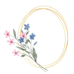 Floral gold frame wreath border. Watercolor hand painting floral geometric background. Flowers, leaf, plant, branch isolated on white background. © Larisa