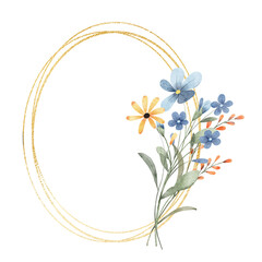 Floral gold frame wreath border. Watercolor hand painting floral geometric background. Flowers, leaf, plant, branch isolated on white background. © Larisa