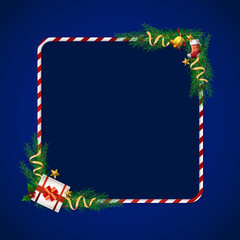 A festive square frame with candy-cane borders, decorated with pine branches, golden ribbons, bells, and a wrapped gift on a deep blue background, perfect for cheerful holiday designs.