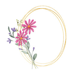 Floral gold frame wreath border. Watercolor hand painting floral geometric background. Flowers, leaf, plant, branch isolated on white background. © Larisa