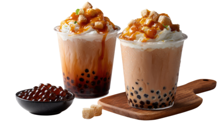 Bubble Tea Delight: Captivating a tantalizing close-up of two bubble tea beverages and a bowl of tapioca pearls, topped with whipped cream and syrup.