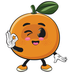 cute orange mascot character giving an okay sign, happy mandarin fruit cartoon vector illustration, work of hand drawn