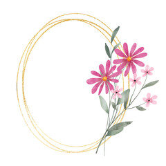 Floral gold frame wreath border. Watercolor hand painting floral geometric background. Flowers, leaf, plant, branch isolated on white background. © Larisa