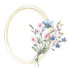 Floral gold frame wreath border. Watercolor hand painting floral geometric background. Flowers, leaf, plant, branch isolated on white background. © Larisa