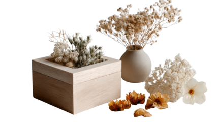 Botanical Elegance in Composition: A harmonious arrangement showcases delicate dried flowers in a minimalist wooden planter and vase, along with curated natural elements.