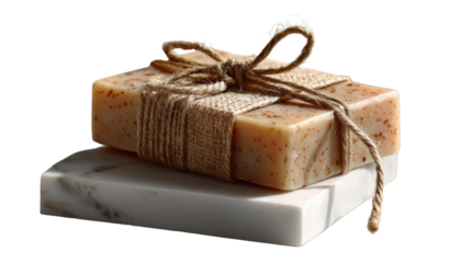 Artisanal Soap Elegance: An artisanal soap bar rests elegantly on a marble holder, wrapped with rustic twine, showcasing natural elements and a touch of refinement. 
