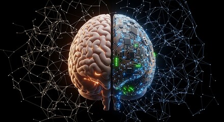A split brain with one side organic and the other side digital with circuit board patterns on a black background with network connections