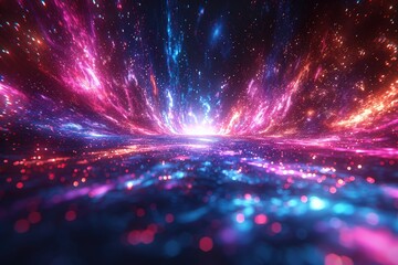 A vibrant explosion of pink, blue, and red light radiates across a vast, dark space, creating a stunning display of cosmic energy and color.