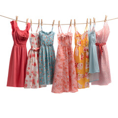 Vibrant Summer Dresses Hanging on Clothesline Isolated on White Background