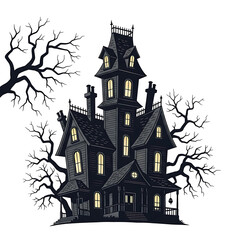 Obraz premium Spooky haunted house illustration featuring glowing windows and gnarled trees, set against a dark black background.