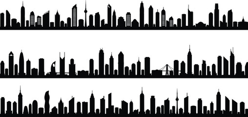 Set of three black city skyline silhouettes, minimalist urban skyline vectors, generic world cityscapes, architectural skyline icons for design, branding, print, digital