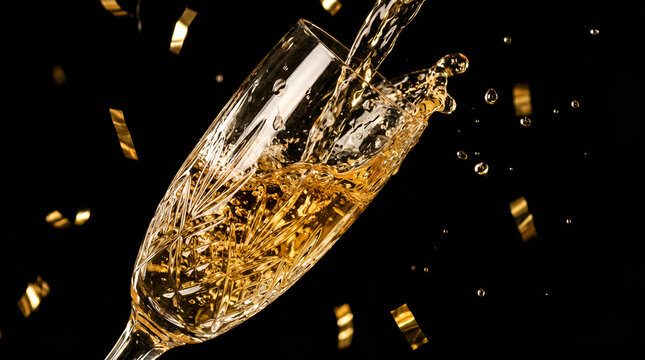 Close-up product photography of a crystal champagne glass being poured, golden liquid splashing, golden confetti falling around, black background - Powered by Adobe