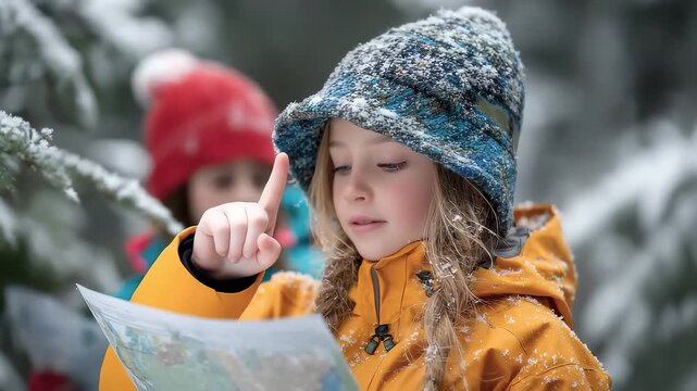 Two Girls Studying a Map in a Snowy Winter Forest