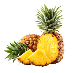 Fresh Two Ripe Pineapples with Slices on White Background