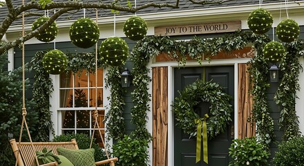 Cozy house exterior with green plants and wreath on the door seasonal decoration