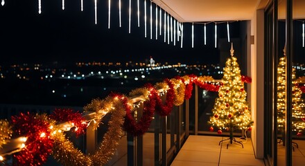 Obraz premium A brightly lit balcony decorated with christmas lights and a tree at nighttime with city view