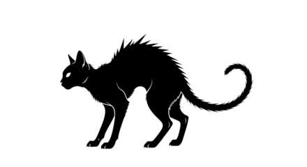 White line art drawing of a startled cat with arched back and bristling fur on black background