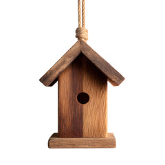 Rustic Wooden Bird Feeder Hanging Empty Against Blue Sky Background